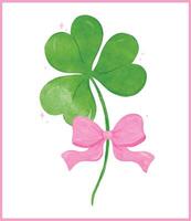 Coquette St Patricks Day, Retro 4 Leaf Clover with Pink Ribbon Bow Girly Lucky Whimsical watercolor vector