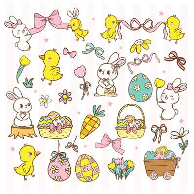 Cute Happy Easter Element Clipart Bundle set, Bunny and baby chicken, Cute Cartoon Hand Drawn Illustration