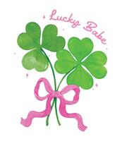 Coquette St Patricks Day 4 Leaf Clover with Bow Retro Lucky Babe Girly Whimsical watercolor vector