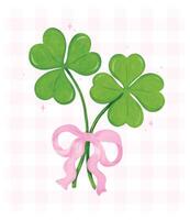 Retro St Patricks Day Coquette 4 Leaf Clover with Bow Girly Lucky Whimsical watercolor vector