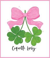 Coquette St Patricks Day Retro 4 Leaf Clover with Pink Ribbon Bow Girly Lucky Whimsical watercolor vector