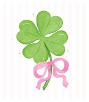 Retro St Patricks Day Coquette 4 Leaf Clover with Pink Ribbon Bow Girly Lucky Whimsical watercolor vector