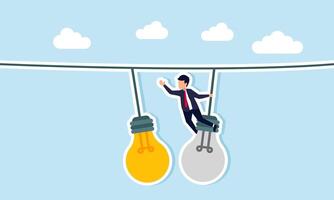 A businessman swings from a broken lamp to a lit lamp, illustration of shifting to another business idea and innovation that is more creative and relevant to the growing market vector