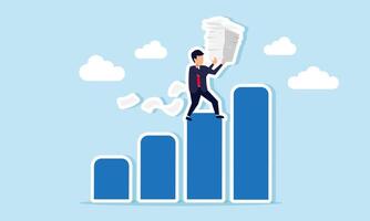 A businessman carries a stack of paperwork while climbing a chart to reach the top, illustration of hard work in achieving and increasing business company valuation vector