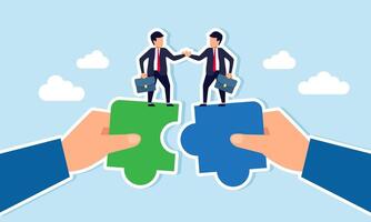 Two businessmen stand on a puzzle piece held by hands, agreeing and shaking hands, illustration of an agreement for collaboration in a joint venture vector