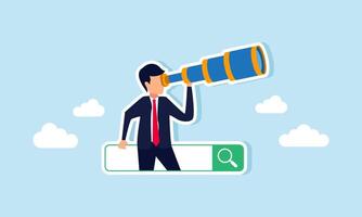 A businessman emerges from a search engine, observing through a telescope, illustration of evaluating and analyzing SEO performance in business optimization vector