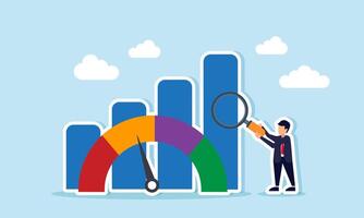 A businessman uses a magnifying glass to examine a bar chart and performance indicators, illustration of business performance evaluation and analysis in finance and team management vector