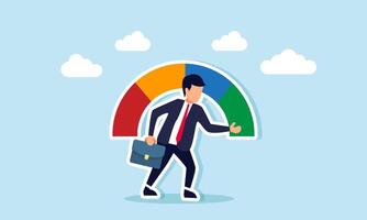 A businessman points his hand at a green indicator, illustration of ensuring and confirming the improving performance of a business company vector