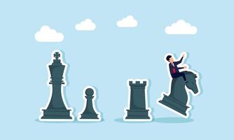 A businessman rides a knight chess piece to move forward, while a king, soldier, and rook stand nearby, illustration of strategy in business execution vector