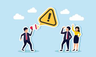 A businessman talks to another entrepreneur use a megaphone, creating an exclamation mark symbolize attention, illustration of a warning to be more cautious and careful in business vector