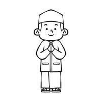 Indonesian muslim boy in greeting pose line art vector
