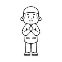Muslim boy in greeting pose line art vector