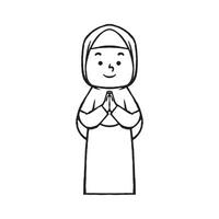 Muslim girl in greeting pose line art vector