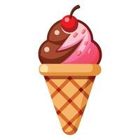 Tasty Ice Cream Cone with Two Flavors and a Cherry on Top vector