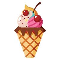 Delicious Ice Cream in Waffle Cone with Chocolate Strawberry Swirls vector