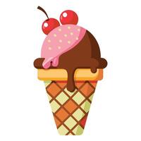 Yummy Waffle Cone Ice Cream with Chocolate and Strawberry Topping vector