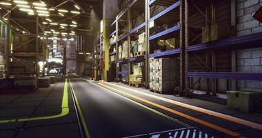 Warehouse interior with organized storage and illuminated pathways for movement video