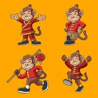 Set of Chinese New Year Monkey Zodiac Cartoon Character in Retro Vintage Illustration vector