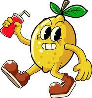 Happy Lemon holding soda can Tropical Summer Vibes Cartoon Character in Retro Vintage Style vector