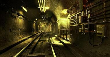 Dark underground tunnel with railway tracks and glowing lights video