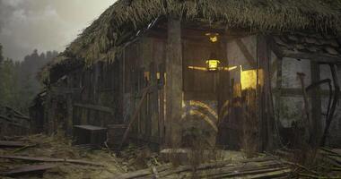Old rustic house illuminated by lantern in a forest setting video
