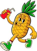 Happy Pineapple holding soda can Tropical Summer Vibes Cartoon Character in Retro Vintage Style vector