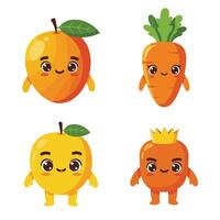 Cute Cartoon Mango Carrot with Happy Expressions and Bright Colors vector