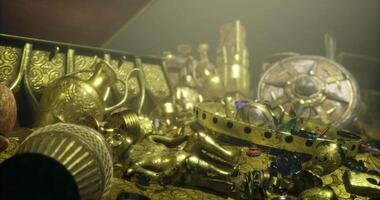 Treasure trove filled with ancient gold artifacts illuminated by soft light video