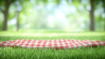 A red and white checkered blanket spread on lush green grass in a tranquil park setting photo