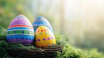 Vibrant eggs in a nest display artistic designs showcasing the joy of springtime festivities photo