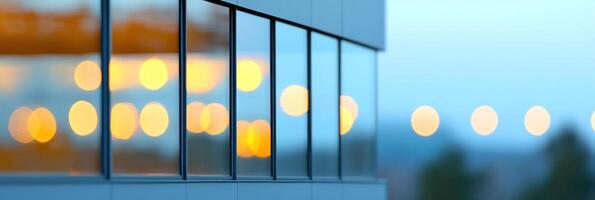 Colorful reflections from lights create a stunning visual on building windows during early evening hours photo