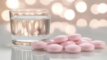 Pink tablets are scattered next to a glass of water, creating a serene and inviting atmosphere photo