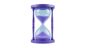 3D rendered purple hourglass icon featuring flowing sand symbolizing time elegance and modern design for visual branding and creativity png