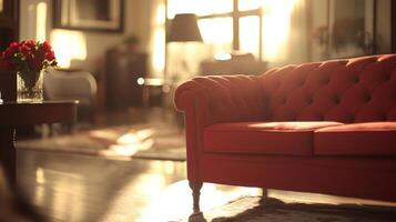 Sunlight streams into a stylish living room featuring a red tufted sofa and a vase of flowers photo
