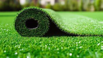 Bright green artificial grass is being unrolled for installation in a residential outdoor space photo