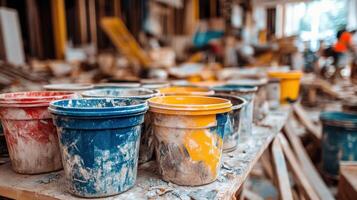Various paint buckets are arranged on a workbench amidst a lively construction site filled with activity photo