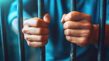 A persons hands grasp the bars of a prison cell, conveying feelings of desperation and confinement photo