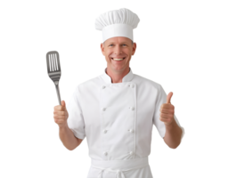 A smiling man in a chef's uniform holding a spatula png