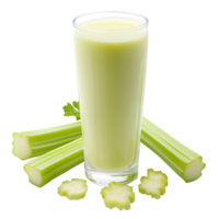 A glass of green juice with celery and celery png