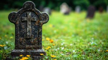 An old gravestone with a cross is surrounded by vibrant flowers in a peaceful cemetery setting photo