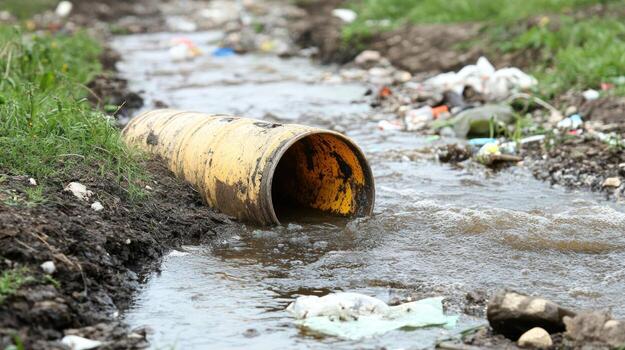 agua fluye mediante un contaminado corriente lleno con basura, demostración ambiental degradación y negligencia foto