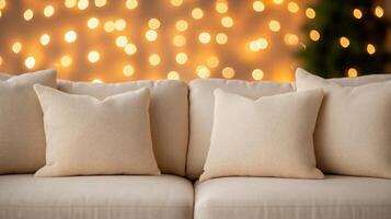 Cream sofa adorned with soft cushions and warm fairy lights creates a cozy atmosphere in a winter evening photo