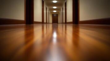 Soft light illuminates the polished wooden floor of a long hallway in a quiet building at night photo