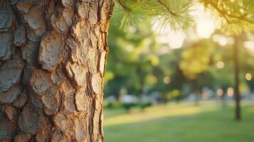 Sunlight casts a warm glow on a pine tree trunk in a calm park surrounded by green grass photo