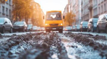 Delivery truck drives through muddy road with sun setting behind buildings, creating a warm glow photo