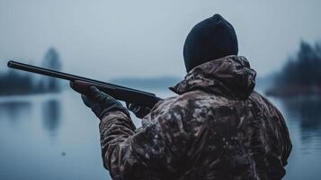 Man dressed in camouflage holds a shotgun, focused on the tranquil lake in early morning light photo