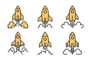 Space rocket launch silhouette icon set in flat vector