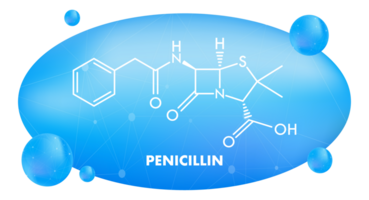 Penicillin molecular structure with blue gradient background and spheres png