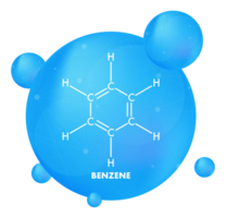 Benzene molecule structure inside blue sphere with smaller spheres floating around png