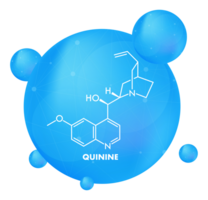 Quinine molecule structure with blue spherical background representing a medicine drop png